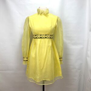 Vintage 60s Lorrie Deb Dress Small Yellow Chiffon Ruffles Embroider Daisy Trim